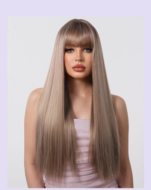 Champagne Brown Long Straight Wig With Bangs